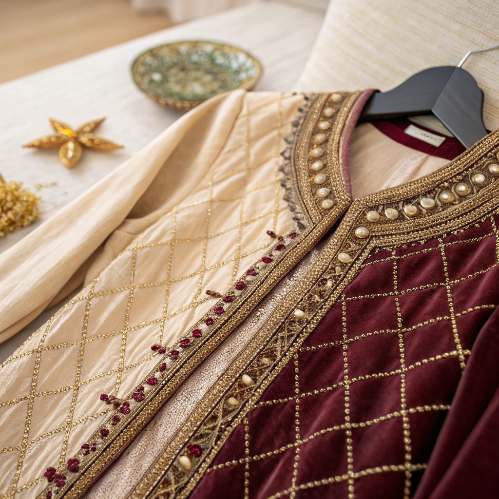 Close-up fabric texture and tailored stitching detail of dress